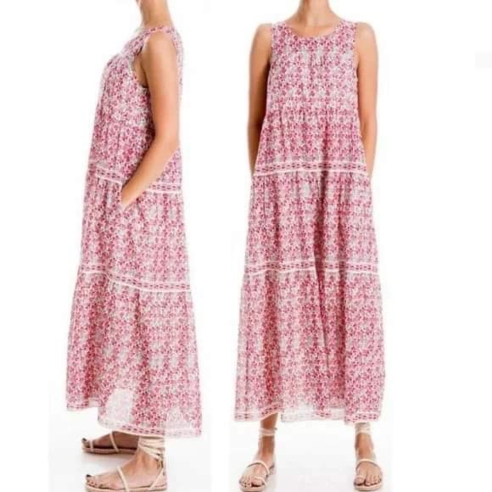 Max Studio Birch & Scarlet Bird of Paradise Tiered Maxi Dress Boho